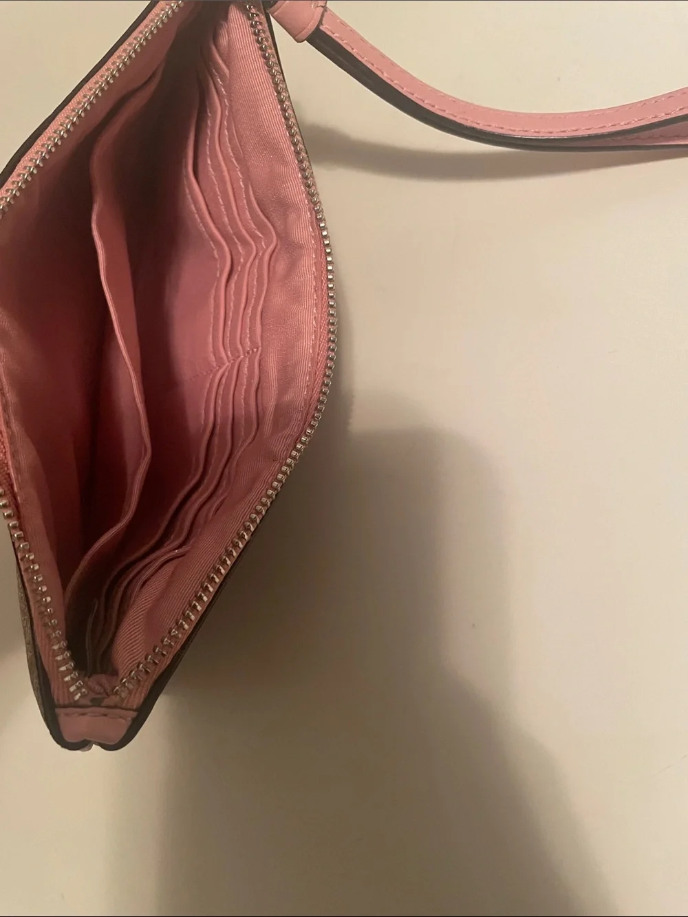 Coach Brown Signature large Wristlet with Pink Trim
